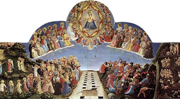 painting of all saints gathered looking up at Jesus