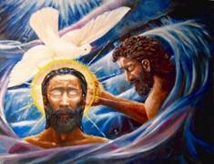 a painting of John the Baptist baptizing Jesus with a holy spirit dove above his head