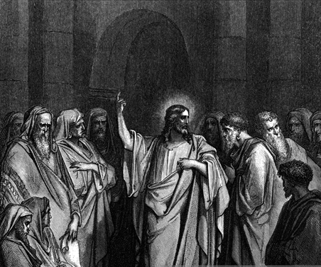 Black and white drawing of Jesus in the temple with his disciples