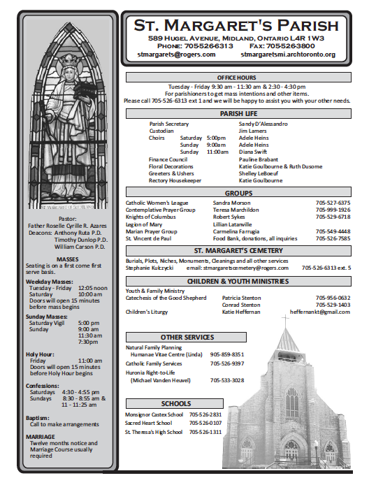 A screenshot of st. margaret's parish bulletin front page