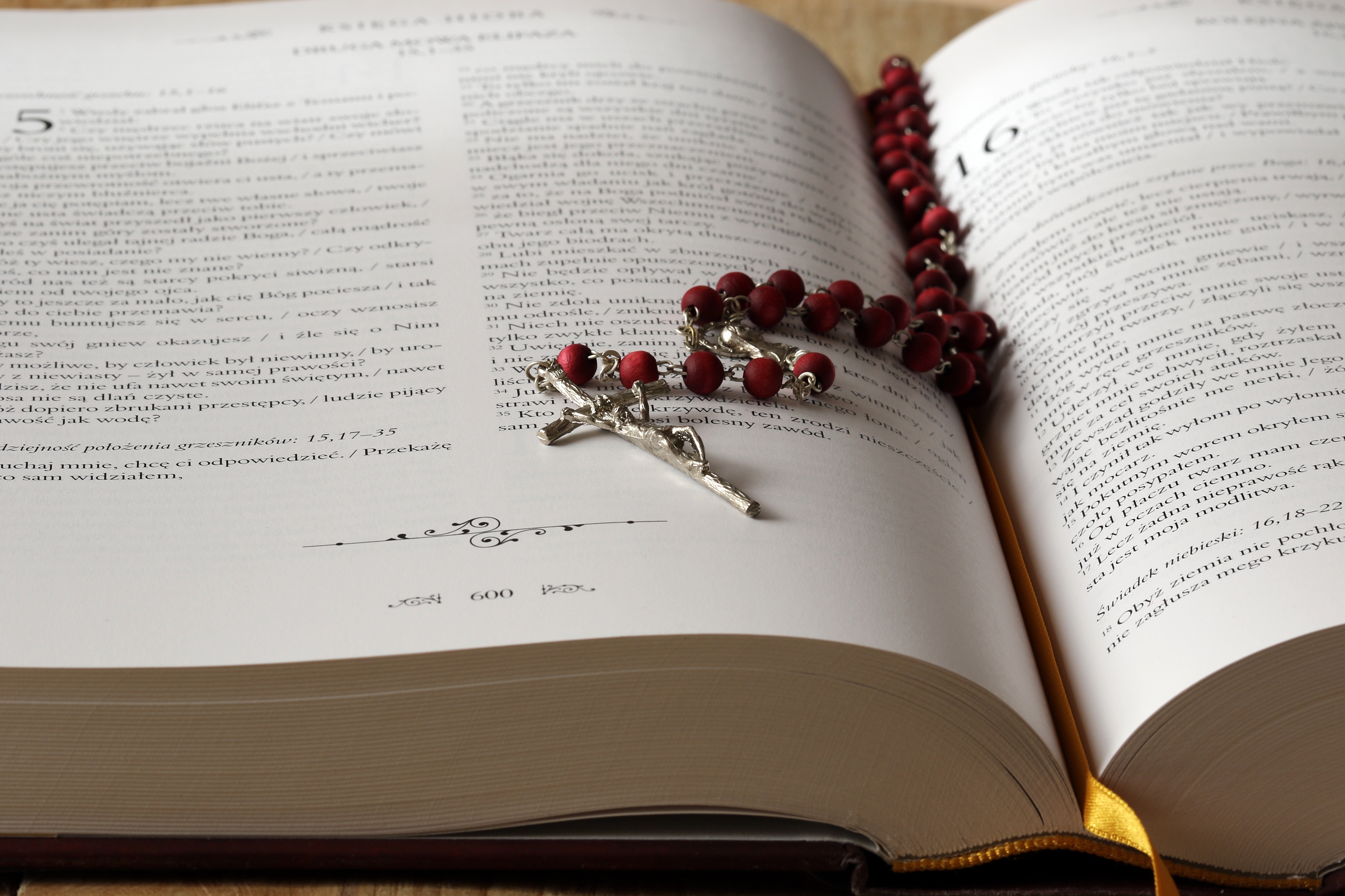 a bible open with a red rosary laying down the open page